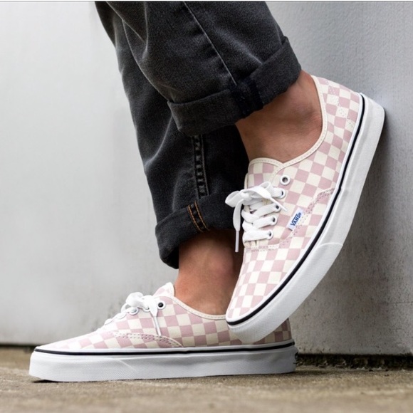 pink checkered lace up vans